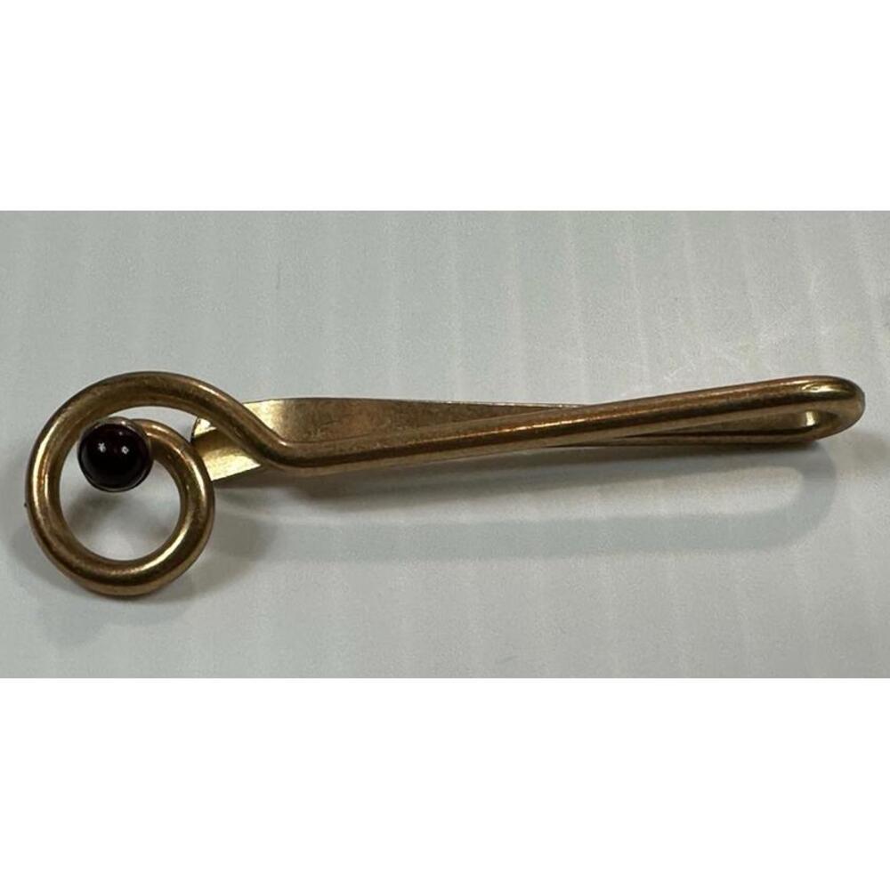 Vintage 80s Krementz Tie Bar Clip USA Gold‎ Plated Red Stone Designer Signed